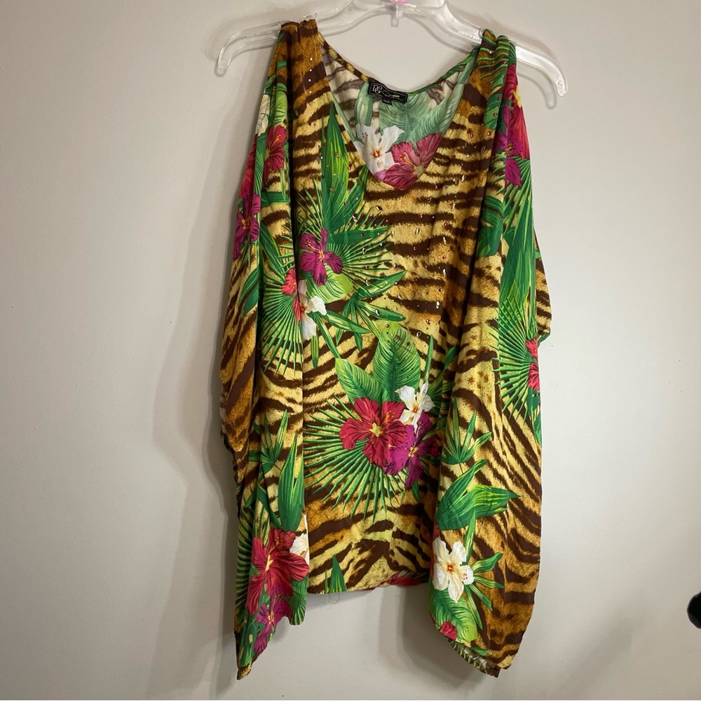 DG2 by Diane‎ Gilman Tropical Floral  Blouse ~ Size XL~ Resort Wear~Rhinestone